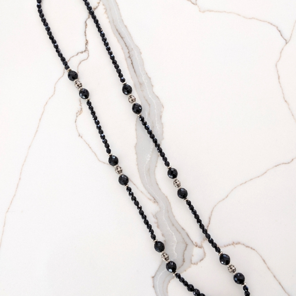 1928 | Long Beaded Necklace Black Faceted Beads & Silver Accents 36"